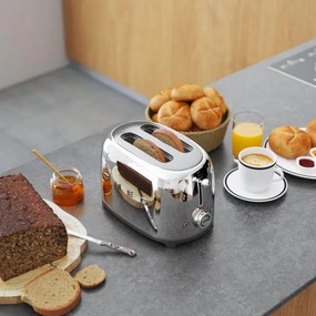Prajitor de paine SMEG 50's Style TSF01SSEU, 950 W, 2 felii, 6 trepte, Tava pentru firimituri, Cablu integrat, Otel inoxidabil, Argintiu