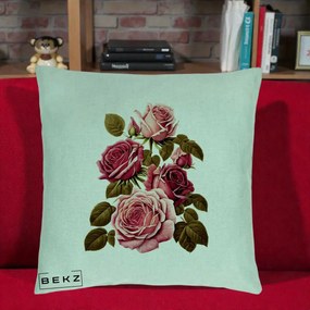 Perna Decorativa Trandafiri Vintage Roz-Rosii, 40x40 cm, Verde Menta, Husa Detasabila, Perna Inclusa, BEKZ®