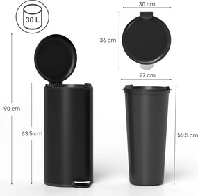 HOMCOM Coș de gunoi 30 L cu pedală și capac, recipient interior, funcție soft-close 36 x 30 x 63,5 cm, negru | Aosom Romania