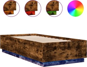 vidaXL Cadru de pat cu LED, stejar fumuriu, 90x200 cm, lemn prelucrat