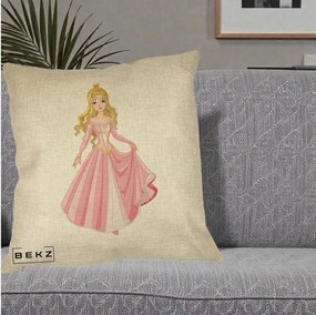Perna Decorativa Printesa Aurora Rochie Roz, 40x40 cm, Crem, Husa Detasabila, Perna Inclusa, BEKZ®