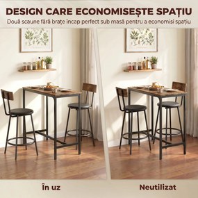 HOMCOM Set Masă de Bar cu 2 Scaune Înalte, Spătar, Suport pentru Picioare, MDF, Metal, 100x40x90,5 cm, Maro Rustic | Aosom Romania