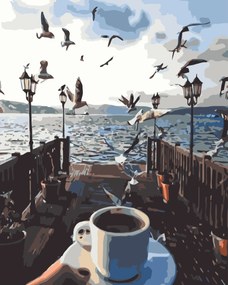 Pictura pe numere cu un cadru "O ceașcă de cafea lângă mare" 50x40 cm