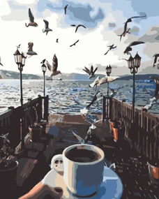 Pictura pe numere cu un cadru "O ceașcă de cafea lângă mare" 50x40 cm