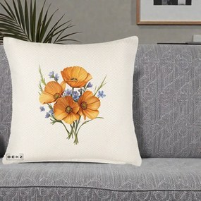Perna Decorativa Maci Portocalii cu Floricele Albastre, 40x40 cm, Crem Reliefat, Husa Detasabila, Perna Inclusa, BEKZ®