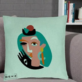 Perna Decorativa Portret Abstract Matisse Turcoaz, 40x40 cm, Verde Menta, Husa Detasabila, Perna Inclusa, BEKZ®