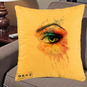 Perna Decorativa Ochi Verde Acuarela, 40x40 cm, Galben, Husa Detasabila, Perna Inclusa, BEKZ®