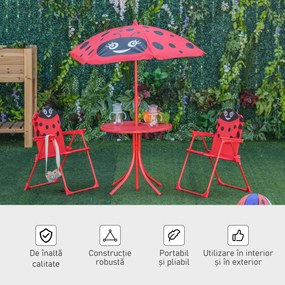 Outsunny Set masă de grădină cu 2 scaune pliabile, masă și scaune pentru copii în aer liber cu umbrelă din metal și poliester, roșu | Aosom Romania