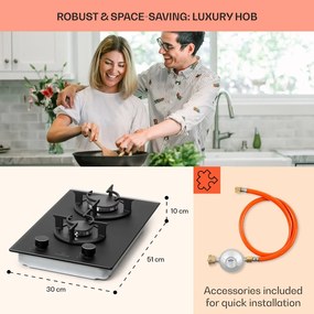 Firetale, plită cu gaz, 2 arzătoare, arzătoare din aluminiu, gaz natural/propan, inclusiv furtun și reductor de presiune