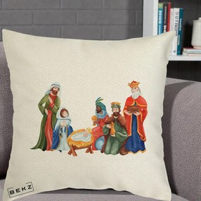 Perna Decorativa Nasterea Domnului Cei Trei Magi Acuarela, 40x40 cm, Ecru, Husa Detasabila, Perna Inclusa, BEKZ®