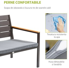 Salon de Gradina Outsunny Set 4 Piese cu 1 Canapea, 2 Fotolii si 1 Masuta, Mobilier de Gradina din Otel si Plastic, Maro