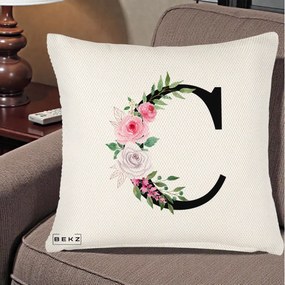Cadou Personalizat - Perna Personalizata Monograma Florala Litera C, 40x40 cm, Crem Reliefat, Husa Detasabila, Perna Inclusa, BEKZ®