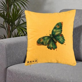 Perna Decorativa Fluture Albastru Satin cu Pete Aurii, 40x40 cm, Galben, Husa Detasabila, Perna Inclusa, BEKZ®