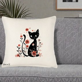 Perna Decorativa Pisica Neagra Flori Roz si Inimi, 40x40 cm, Crem Reliefat, Husa Detasabila, Perna Inclusa, BEKZ®