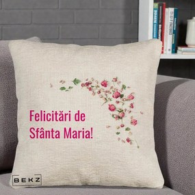 Cadou de Onomastica - Perna Personalizata Felicitari de Sfanta Maria, 40x40 cm, Bej Canapea, Husa Detasabila, Perna Inclusa, BEKZ®