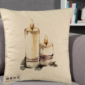 Perna Decorativa Lumanari Acuarela Iarna, 40x40 cm, Bej, Husa Detasabila, Perna Inclusa, BEKZ®