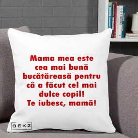 Cadou pentru Mama - Perna Personalizata Mama cea Mai Buna Bucatareasa, 40x40 cm, Alba Mata, Husa Detasabila, Perna Inclusa, BEKZ®