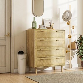 HOMCOM Comodă cu 4 Sertare în Stil Boho, Comodă din Lemn și Ratan pentru Dormitor și Hol, 90x45x108,5 cm, Stejar | Aosom Romania