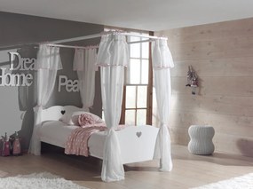 Set AMORI în alb este format dintr-un Pat copii cu baldachin (90 x 200 cm) și somieră asortată cu cadru fix și un set textil.