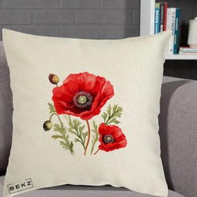 Perna Decorativa Maci Rosii Acuarela, 40x40 cm, Ecru, Husa Detasabila, Perna Inclusa, BEKZ®