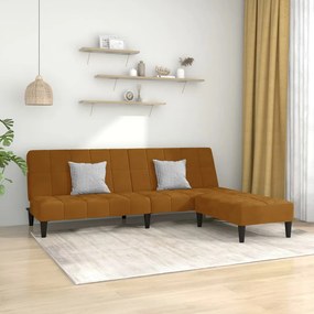 3080694 vidaXL Canapea extensibilă cu 2 locuri și taburet, maro, catifea