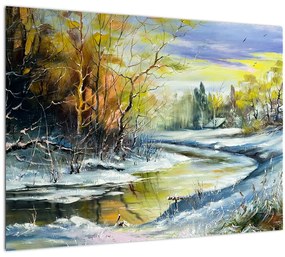 Tablou pe sticlă - Râu de iarnă, pictură în ulei (70x50 cm)