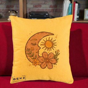 Perna Personalizata Luna si Soare Floral Boho, 40x40 cm, Galben, Husa Detasabila, Perna Inclusa, BEKZ®