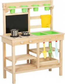 AIYAPLAY Bucătărie de noroi pentru copii în aer liber, bucătărie jucărie din lemn cu chiuvetă, plită, ghivece, tablă pentru 3-6 ani 77x32x95 cm lemn natural | Aosom Romania