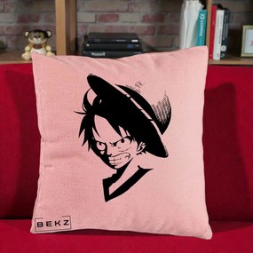Perna Personalizata One Piece Luffy Silueta Alb-Negru, 40x40 cm, Roz, Husa Detasabila, Perna Inclusa, BEKZ®