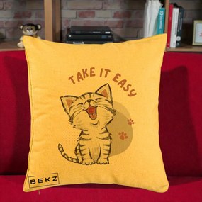 Perna Personalizata Take It Easy Cat, 40x40 cm, Galben, Husa Detasabila, Perna Inclusa, BEKZ®