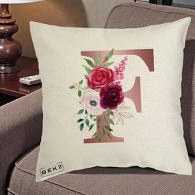 Cadou Personalizat - Perna Personalizata Monograma Rose Gold Litera F, 40x40 cm, Ecru, Husa Detasabila, Perna Inclusa, BEKZ®