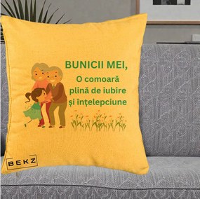 Cadou pentru Bunici - Perna Personalizata Bunicii Mei Comoara Iubire Intelepciune Nepoata, 40x40 cm, Galben, Husa Detasabila, Perna Inclusa, BEKZ®