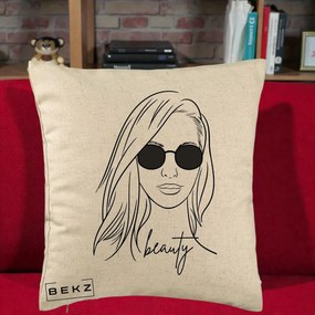 Perna Decorativa Beauty Girl Line Art, 40x40 cm, Bej, Husa Detasabila, Perna Inclusa, BEKZ®