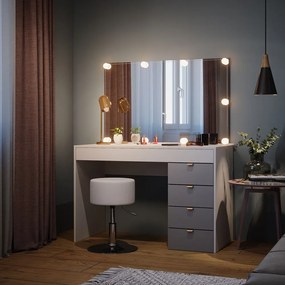 SEA444 - Set Masa toaleta, 115 cm, cosmetica machiaj, oglinda cu sau fara LED, masuta vanity, cu sau fara scaun - Alb - Gri