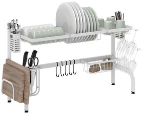 HOMCOM Scurgător din oțel cu 2 niveluri pentru chiuvetă, cu suport pentru tocător și tacâmuri, 100x30x54,5cm, alb | Aosom Romania