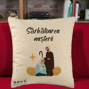 Perna Decorativa Nasterea Domnului Sfanta Familie Sarbatoarea Nasterii, 40x40 cm, Bej, Husa Detasabila, Perna Inclusa, BEKZ®