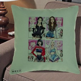 Perna Personalizata K-pop BLACKPINK Fanart Manga Benzi Desenate 4 Membre, 40x40 cm, Verde, Husa Detasabila, Perna Inclusa, BEKZ®