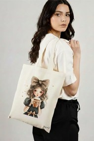 Sacosa de Panza pentru Cumparaturi, Geanta Tote, model The coffee girl 3 38 x 34.5 cm, Alba, BEKZ®