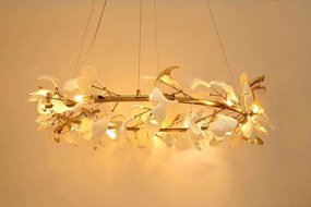 Lustra Suspendata, Metal Auriu, Petale Flori Albe Ceramice, FLORA 100
