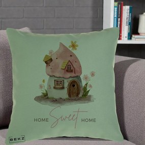 Perna Decorativa Home Sweet Home Casuta, 40x40 cm, Verde, Husa Detasabila, Perna Inclusa, BEKZ®