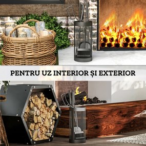 Outsunny Set Accesorii Șemineu 5 Piese Metal cu Coș Mătură Lopată Clești Negru | Aosom Romania