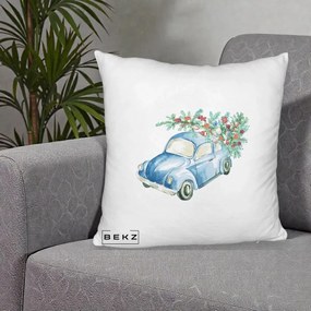 Perna Decorativa Masinuta Albastra cu Brad de Craciun, 40x40 cm, Alb Pufos, Husa Detasabila, Perna Inclusa, BEKZ®