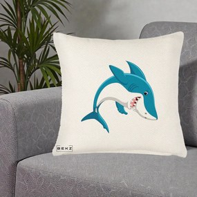 Perna Decorativa Rechin Albastru Cartoon, 40x40 cm, Crem Reliefat, Husa Detasabila, Perna Inclusa, BEKZ®