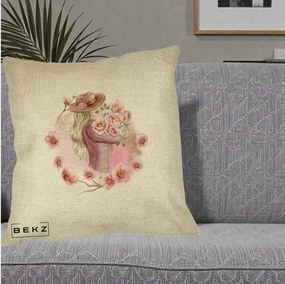 Perna Decorativa Femeie cu Flori Roz Acuarela, 40x40 cm, Crem, Husa Detasabila, Perna Inclusa, BEKZ®