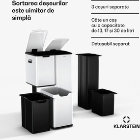 Klarstein Coș de gunoi Tiyo 3 în 1 60 l, 30 l + 17 l + 13 l, sortare deșeuri, închidere silențioasă, capac din oțel inoxidabil