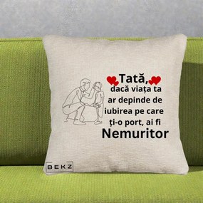 Cadou pentru Tata - Perna Personalizata Tata Nemuritor cu Inimi Rosii, 40x40 cm, Bej Canapea, Husa Detasabila, Perna Inclusa, BEKZ®