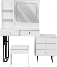Set SELENE – Masă de Toaletă pentru Machiaj, Extensibilă 90–130 cm, Oglinda Iluminata LED, 5 sertare, Rafturi, priză integrată cu USB, Scaun, Alb/Negru