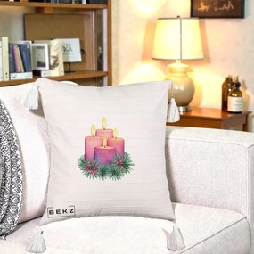 Perna Decorativa Lumanari Advent Roz-Violet, 40x40 cm, Bej cu Franjuri, Husa Detasabila, Perna Inclusa, BEKZ®