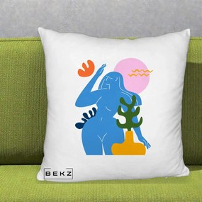 Perna Decorativa Femeie Albastra Cactus, 40x40 cm, Alb Pufos, Husa Detasabila, Perna Inclusa, BEKZ®