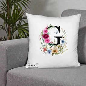 Cadou Personalizat - Perna Personalizata Monogram Litera G cu Flori Acuarela, 40x40 cm, Alb Pufos, Husa Detasabila, Perna Inclusa, BEKZ®